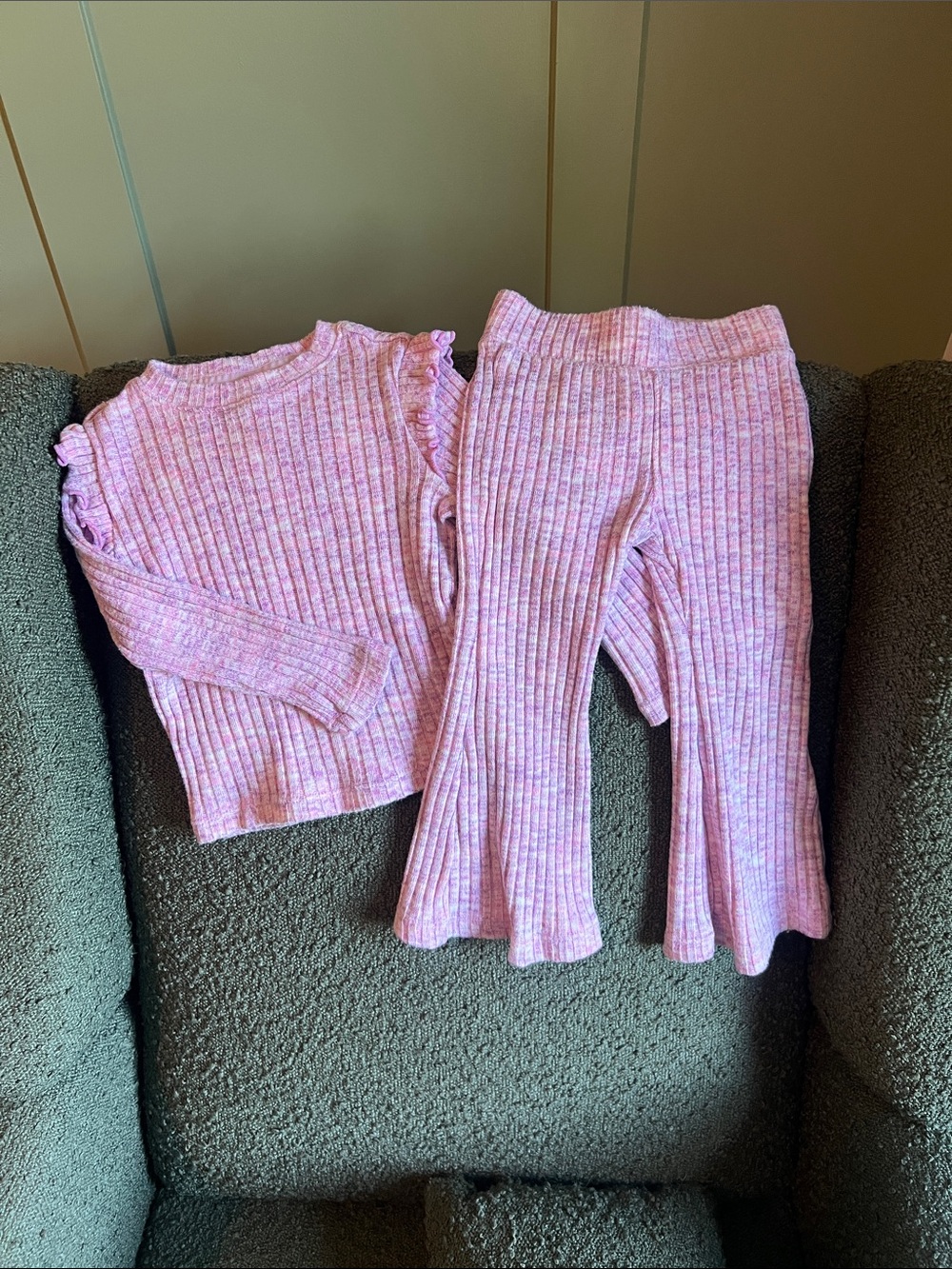 90 Degree By Reflex Pink Ribbed Knit Ruffle Shoulder Top & Flared Pants Set